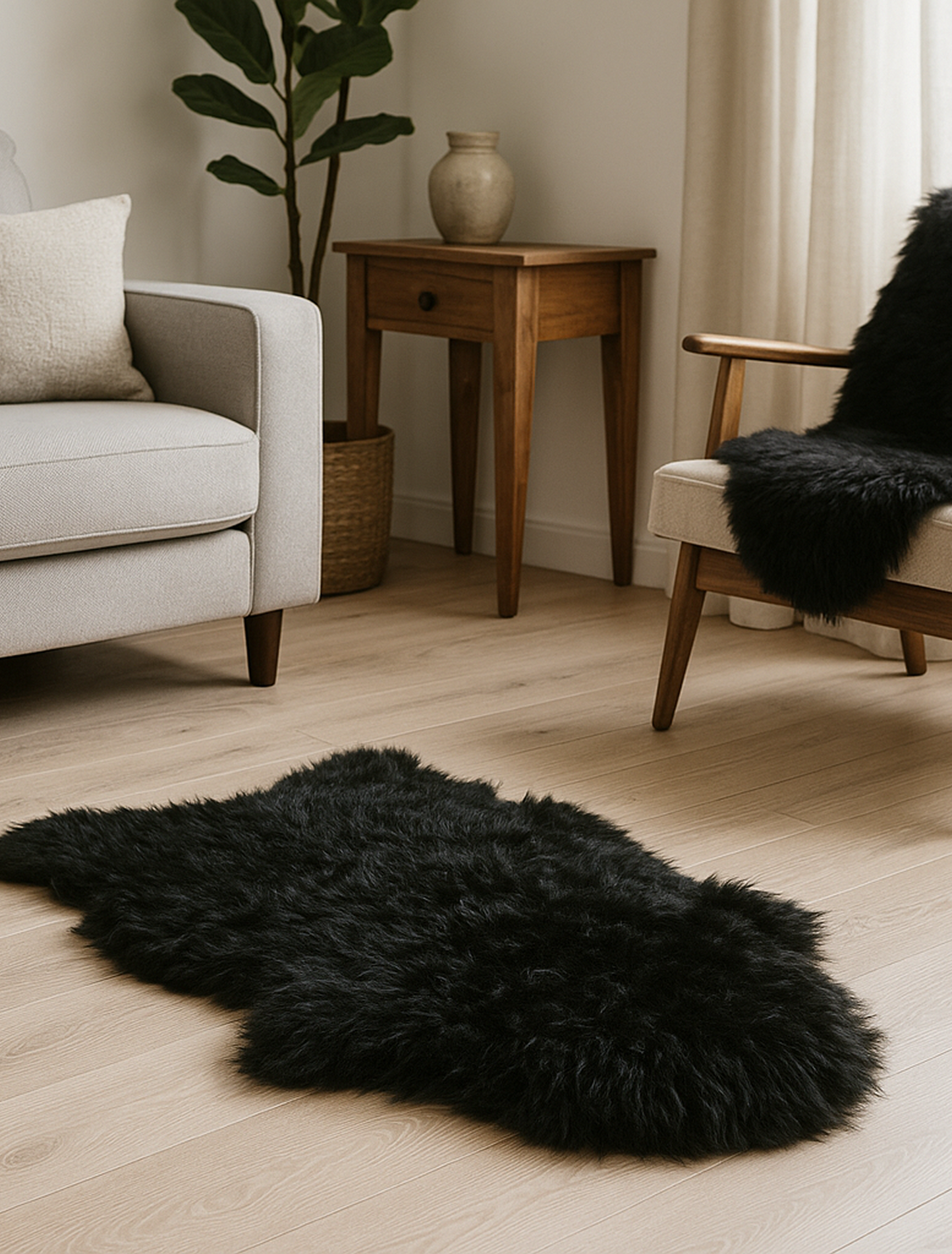 Peau d’Agneau Noire Brillante – Laine Bouclée Teintée